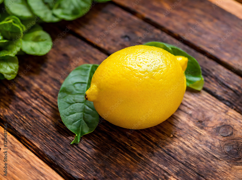 a ripe lemon sitting on top of a wooden table next to a leafy green leaf on top of a piece of wood