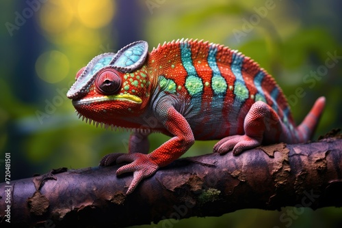 Colorful chameleon on a branch in the forest  Close up of bright chameleon on the branch on dark background  Ai generated