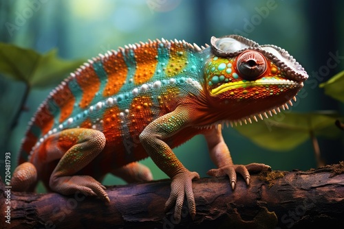 Colorful chameleon on a branch in the forest  Close up of bright chameleon on the branch on dark background  Ai generated