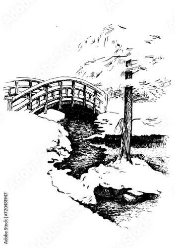 Winter landscape. Countryside landscape panorama. Line sketch converted to vector drawing.
