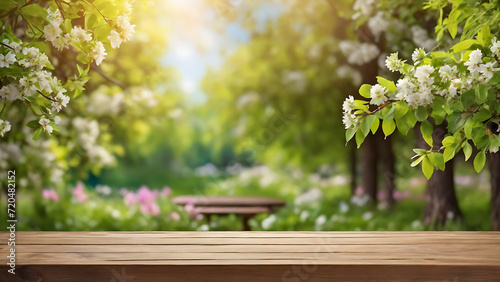 Spring beautiful background with green lush young foliage with an empty wooden table on nature outdoors in sunlight in garden. blur Green background  Product presentation and showcasing Generative AI