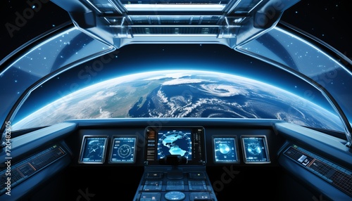 Spectacular spaceship interior with a breathtaking panoramic view of earth through the window © Aliaksandra
