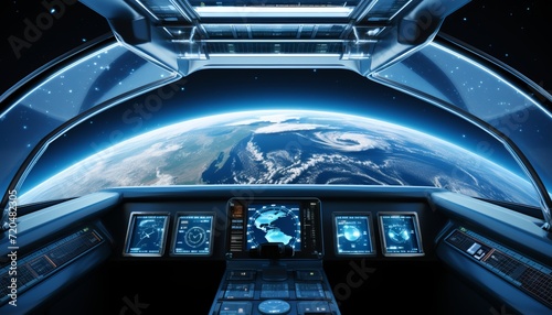 Fototapeta Naklejka Na Ścianę i Meble -  Spectacular spaceship interior with a breathtaking panoramic view of earth through the window