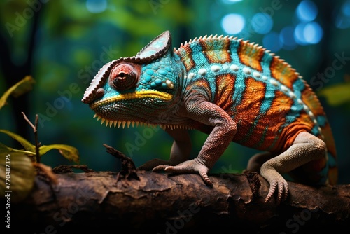 Side view of a colorful chameleon lizard on a branch  Close up of bright chameleon on the branch on dark background  Ai generated