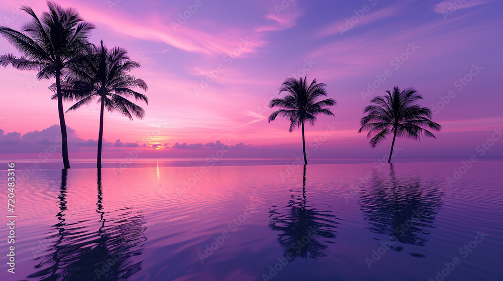 Infinity pool with sea view and violet sky