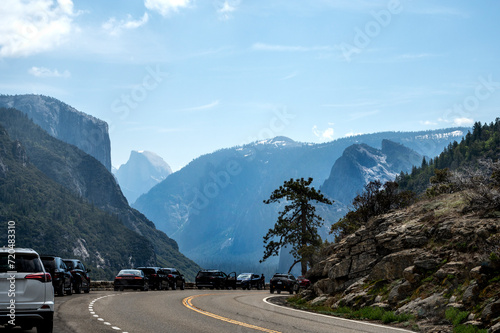Yosemite national park, California, usa. Road to park with beautiful view and cars parked on side  © Olga