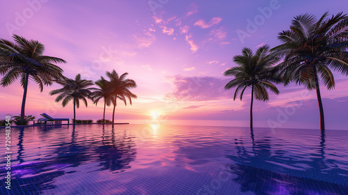 Infinity pool with sea view and violet sky © AhmadSoleh