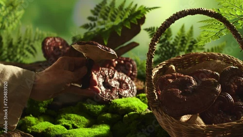 A hand closely examines a held lingzhi mushroom. Ganoderma mushrooms gathered, nestled in a rattan basket. Forest backdrop with moss, tree roots, and ferns. photo