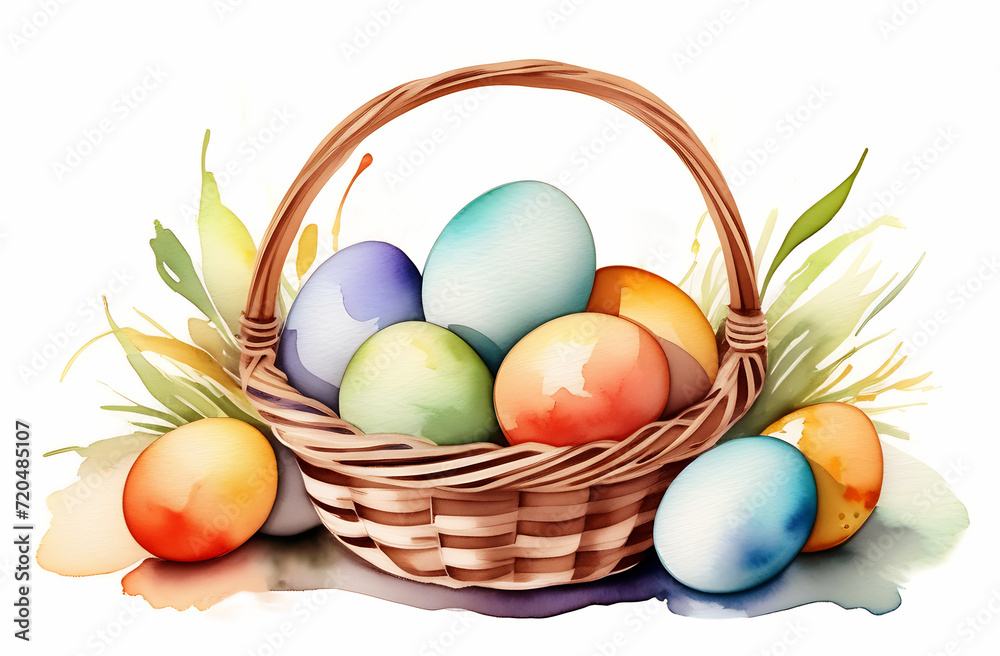 A wicker watercolor basket with colorful Easter eggs. Easter Postcard
