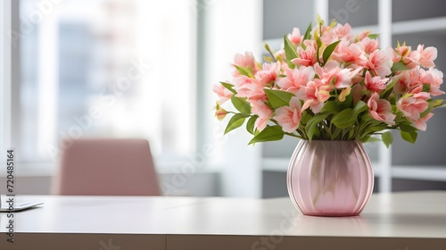 pink lowers in vase on desk of office © Ziyan Yang