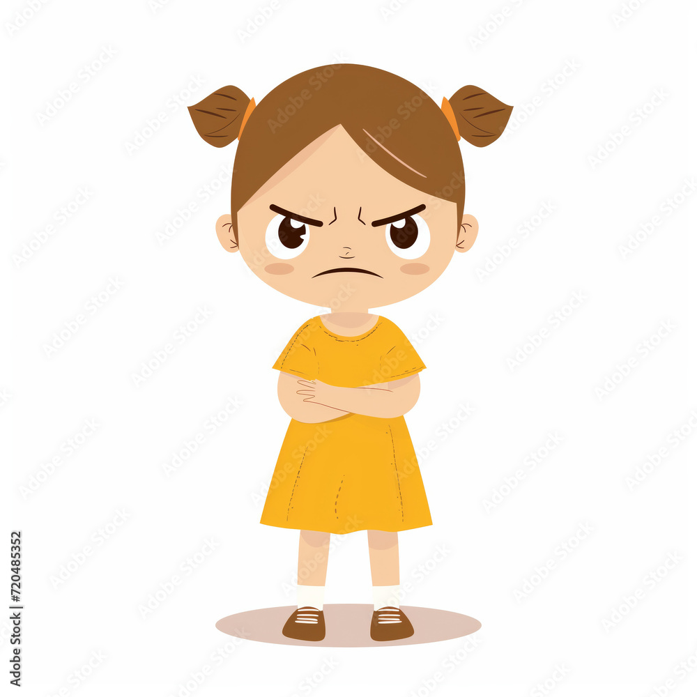 Angry little girl, with a disgruntled face on a white background