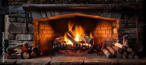 Cozy evening in a log cabin with close up of a stone fireplace and blazing fire