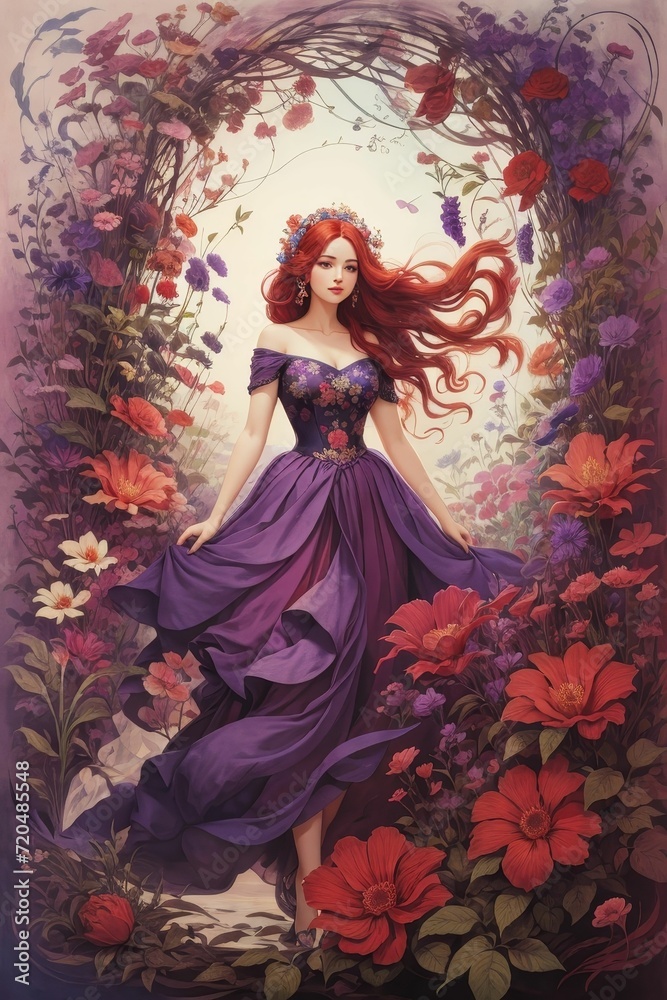 Enchanted Reverie : Whimsical Garden with Dark Red Hair and Purple Florals and dress Enchanted Reverie : Whimsical Garden with Dark Red Hair and Purple Florals and dress