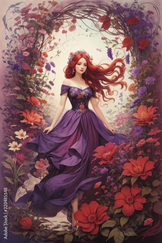Enchanted Reverie : Whimsical Garden with Dark Red Hair and Purple Florals and dress