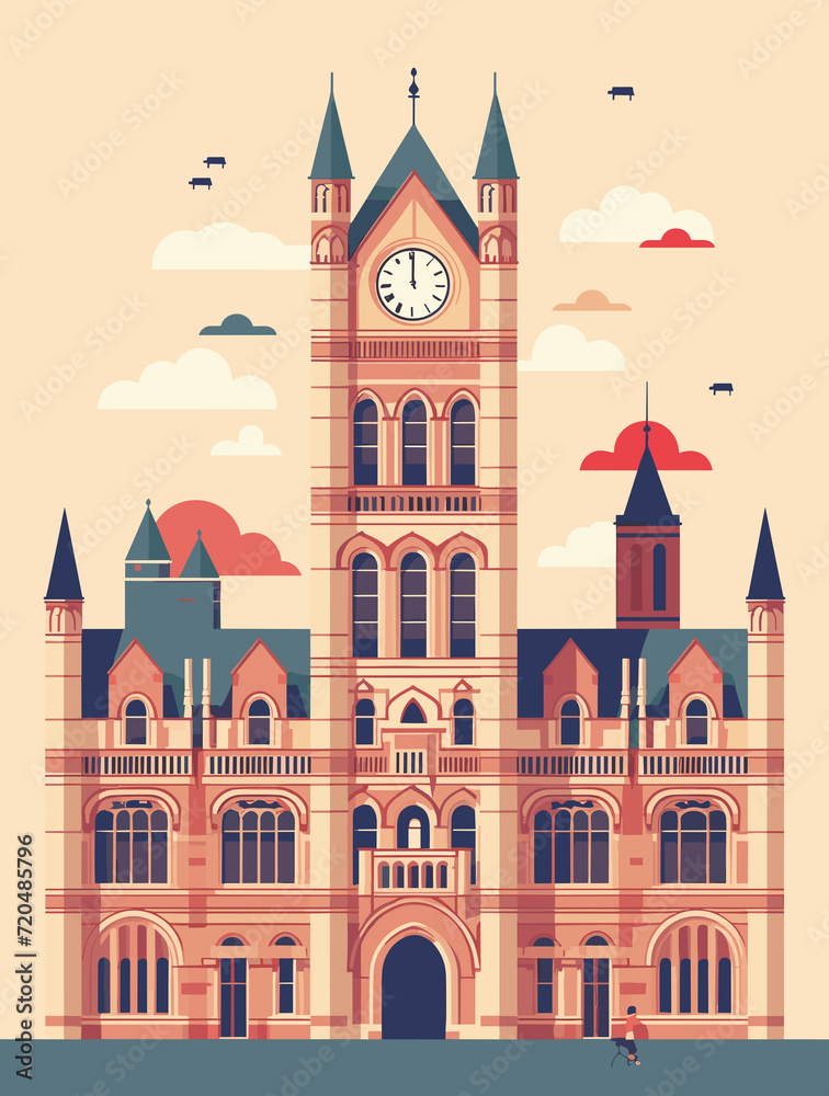 Illustration of Manchester United Kingdom Travel Poster in Colorful Flat Digital Art Style