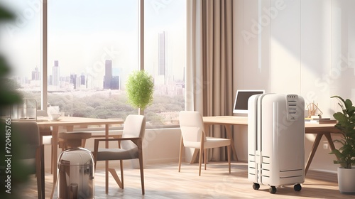 Portable mobile air conditioner in office interior.

