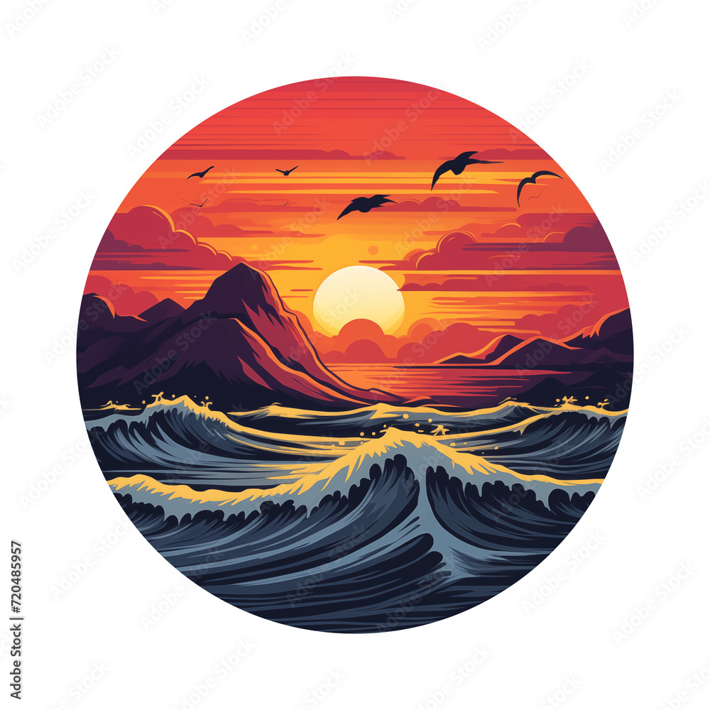 Logo of the mountains and waves at sunset. Outdoor activity. Suitable for stickers, t-shirts and cards.