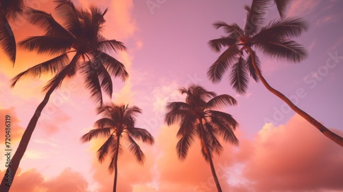 Palm trees silhouettes from below at sunset panorama, background, wallpaper, calm and relaxing, mental health, emotional balance © bedaniel