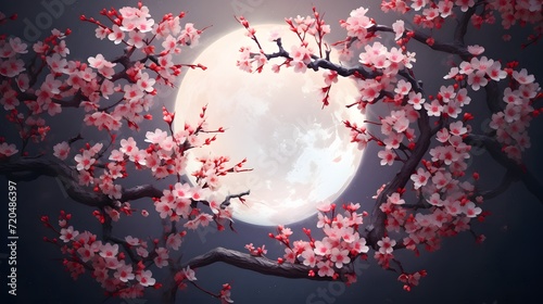 Poster. full, bright and white, casts silvery glow moon surrounded by cherry blossoms. Symbolic representation of the Lunar New Year © Ziyan Yang