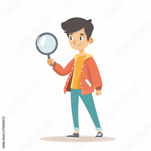The boy is a man with a magnifying glass in his hands and a book researcher