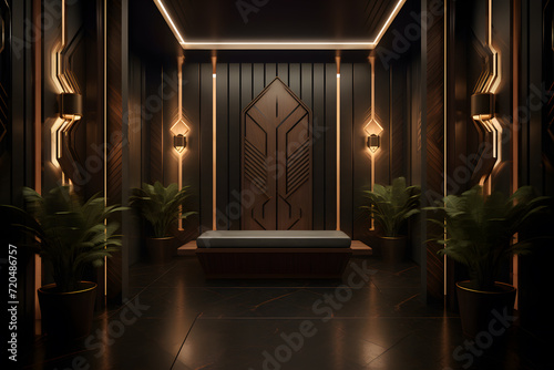 A sauna room with Art Deco style wooden benches photo