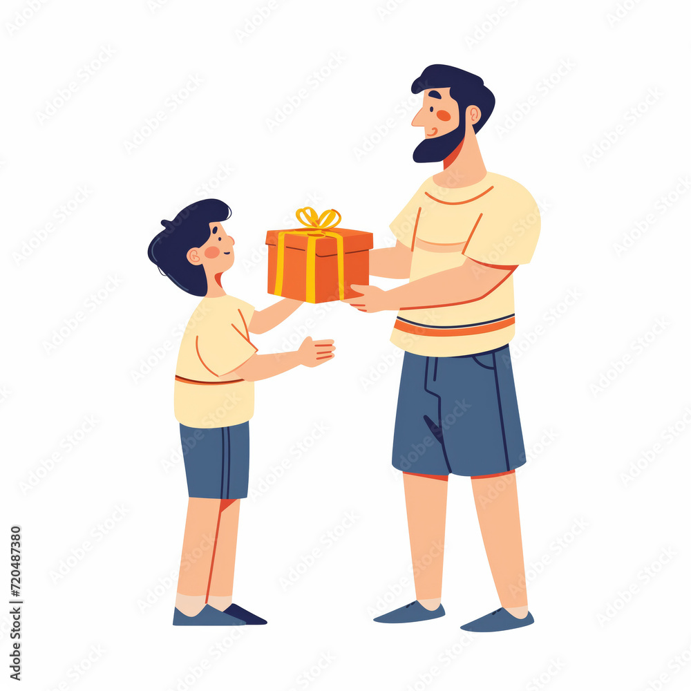 Dad gives a gift to his son for a birthday party Christmas on a white background