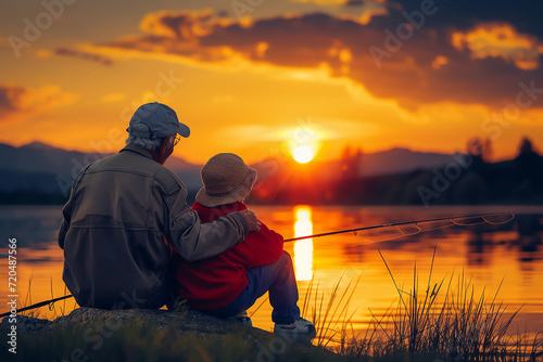 A rear view of mature father with a small toddler son outdoors fishing by a lake 