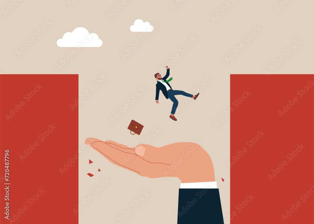 Support of help to solve problem. Businessman not successful jump over the chasm. Giant hand help business the problem gap. Flat vector illustration Support of help to solve problem. Businessman not successful jump over the chasm. Giant hand help business the problem gap. Flat vector illustration