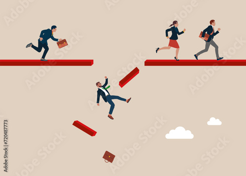 Broken bridge. Crisis in business.  Avoid pitfall, adversity and brave to jump pass mistake or business failure. Flat vector illustration