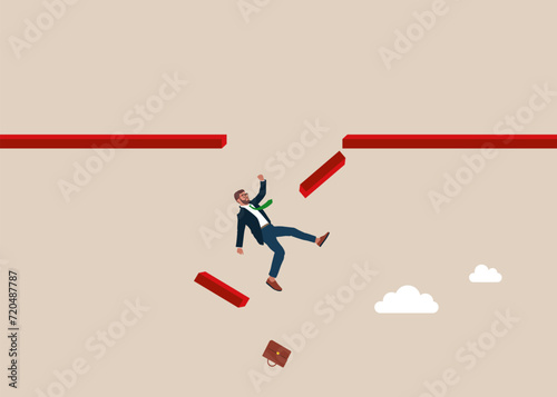 Businessman not successful jump over the chasm. Business concept vector illustration