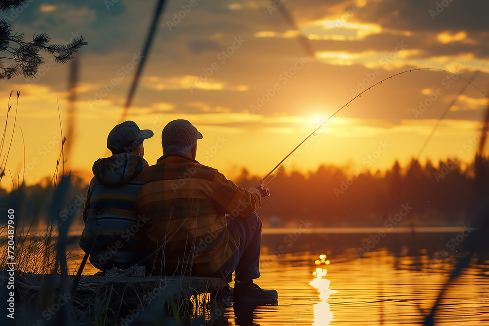 A rear view of mature father with a small toddler son outdoors fishing by a lake A rear view of mature father with a small toddler son outdoors fishing by a lake
