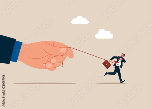 Man running away afraid of hand boss. Businessman uses a rope to pull his companion. Flat vector illustration