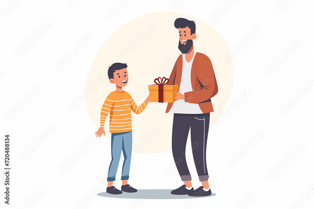 Dad gives a gift to his son for a birthday party Christmas on a white background Dad gives a gift to his son for a birthday party Christmas on a white background