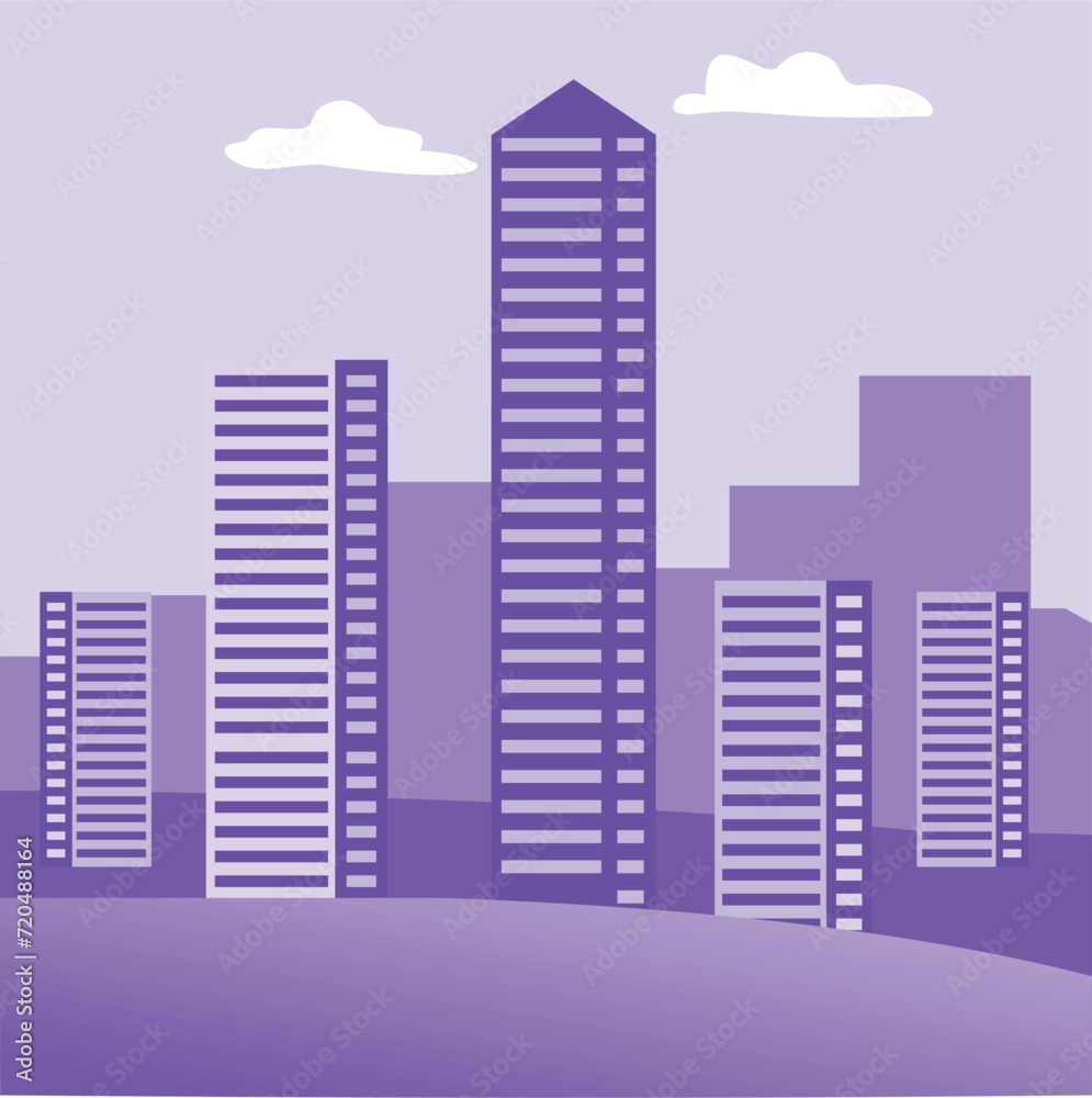 Silhouette purple city building in flat illustration vector, urban cityscape design for background
