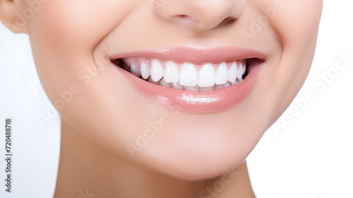 Closeup of beautiful smile with white teeth. Woman mouth smiling. Dental clinic patient. Health care, dental hygiene. Used for a dental ad. Copy space.