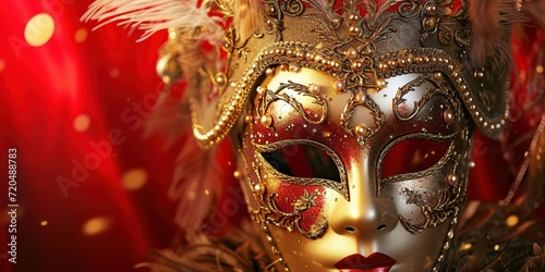 A majestic golden carnival mask showcased against a bold red background, Mardi Gras.