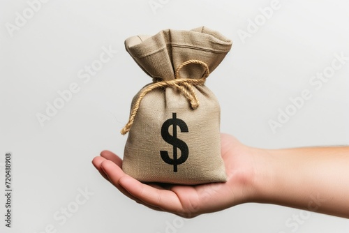 A bag of money in the palm of your hand with a dollar sign on a white background photo