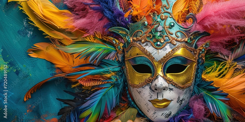 Carnival mask with feathers, Rio de Janeiro carnival, copy space.
