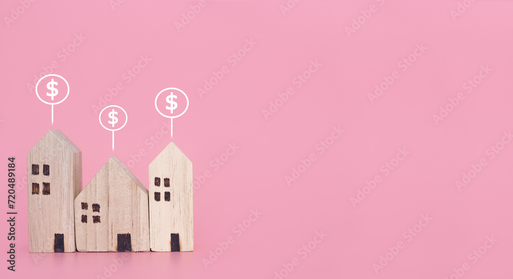 Miniature house and Dollar coin icons. The concept of price of house, Property investment, House mortgage, Real estate