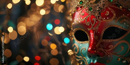Carnival mask for the holidays in brazil and latin america, black background defocused lights.