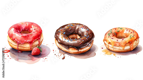 collection Set of different watercolor donut isolated on a transparent background.
