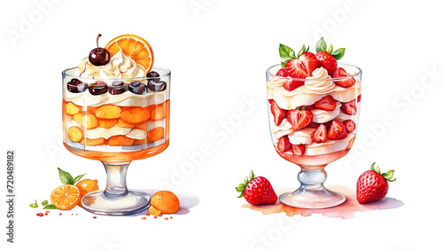 collection Set of different watercolor fruit dessert in high glass isolated on a transparent background.