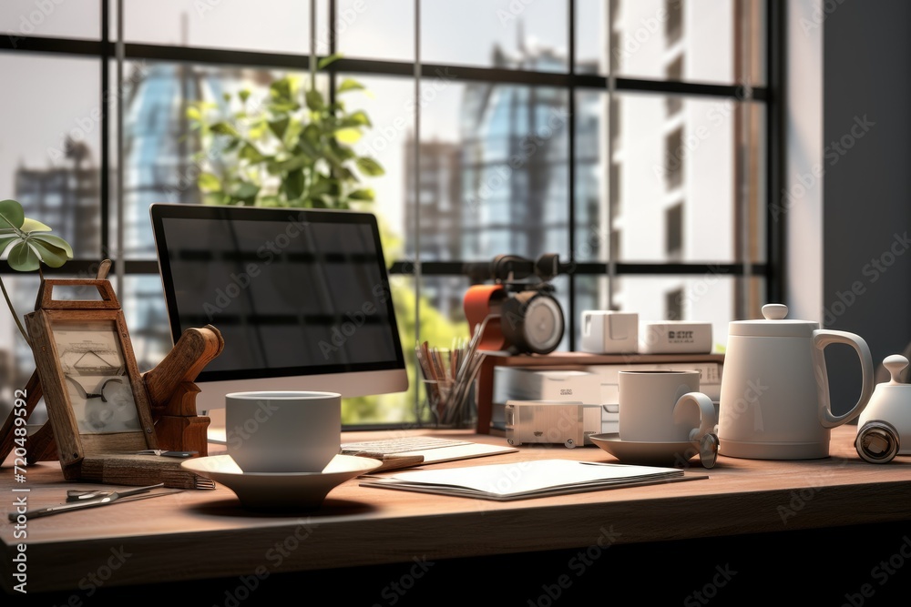 Modern workspace with computer coffee cup, workspace office room meeting table lid opened computer laptop background blank, Ai generated