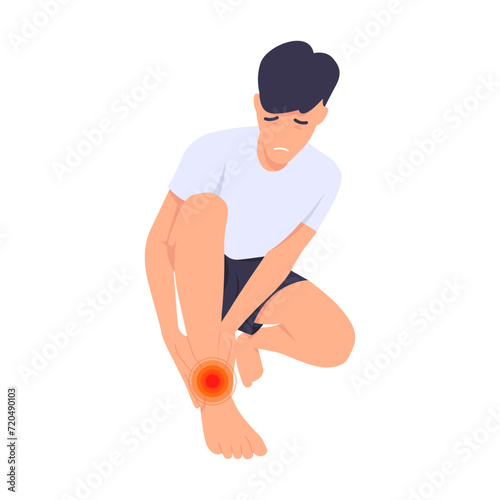 Male runner injured his ankle while running. Cramping in the feet or heels. Suffering from a sprained ankle. Character vector illustration on isolated flat white background.