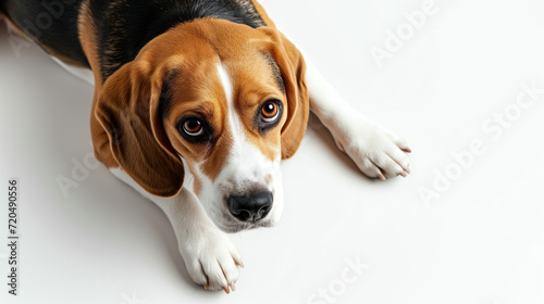 Adult beagle dog laying on white floor with floppy ears, hound dog looking at camera, shot from above, room for type, pets, pet care, dog training, puppy training, family pet, and veterinary concepts