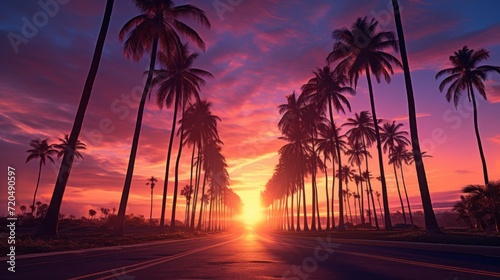 Palm trees silhouettes at sunset panorama, background, wallpaper, calm and relaxing, mental health, emotional balance