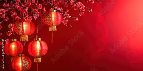 Happy chinese new year  year of the dragon zodiac sign hanging beautiful lantern and flowers on red background. Copy space.