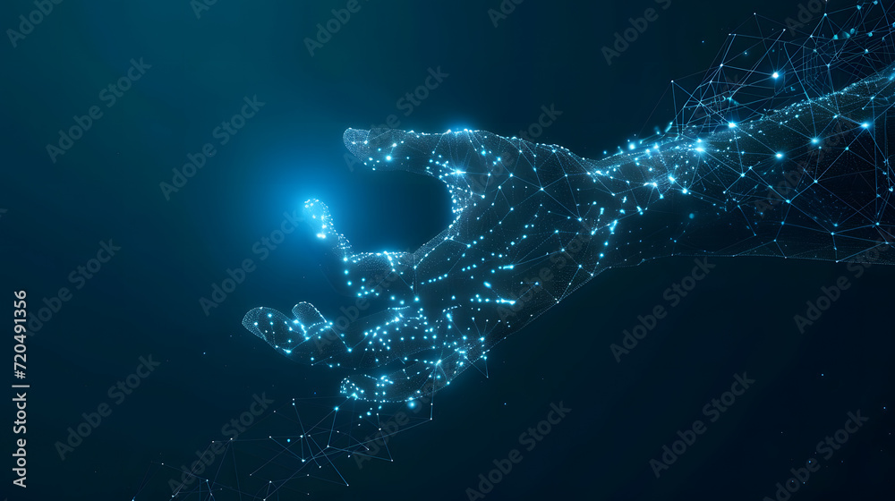 Fototapeta premium An abstract image of a digital hand appears on a bright blue technological background consisting of interconnected lines, dots and triangles. advances in internet technology. Generative AI