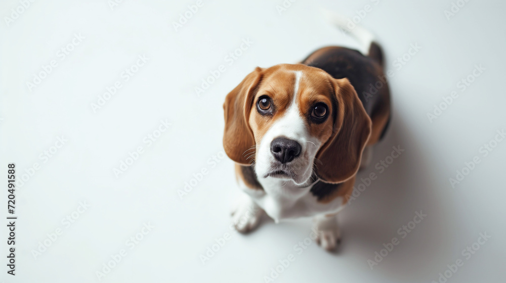 Cute beagle sitting on white floor with floppy ears, hound dog looking at camera, shot from above, room for type, pets, pet care, dog training, puppy training, family pet, and veterinary concepts Cute beagle sitting on white floor with floppy ears, hound dog looking at camera, shot from above, room for type, pets, pet care, dog training, puppy training, family pet, and veterinary concepts
