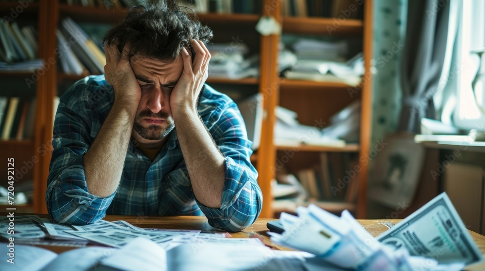 Stressed and headache man with large bills or invoices no money to pay to expenses and credit card debt. shortage, Financial problems, mortgage, loan, bankruptcy, bankrupt, poor, gen AI Stressed and headache man with large bills or invoices no money to pay to expenses and credit card debt. shortage, Financial problems, mortgage, loan, bankruptcy, bankrupt, poor, gen AI